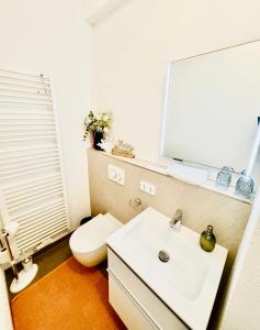 a bathroom with a white toilet and a sink at Ferienwohnung Jurga in Pirna +20 photos