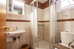 a bathroom with a shower and a sink at Syrainas studios in Troulos