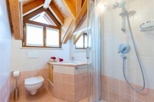 a bathroom with a shower and a toilet at Green house in Mezzaselva