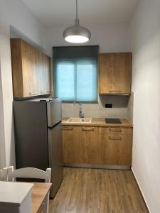 a kitchen with wooden cabinets and a stainless steel refrigerator at Villa Alissia in Koukounaries