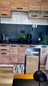 a kitchen with wooden cabinets and a black counter top at CzarnyGaj in Gaj