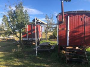 a couple of red train cars and a picnic table at Ferienhof Löbejün in Löbejün