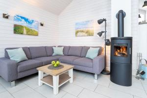 a living room with a couch and a fireplace at Nordstern in Schönberger Strand
