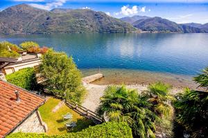 an aerial view of a lake with palm trees and mountains at Casa La Terrazza Uno C in Cannobio +17 photos