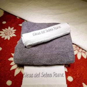 a pile of towels sitting on top of a rug at Ciesa del Selmo Faure in Sottoguda