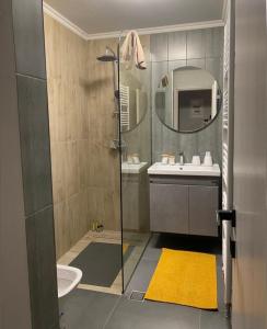 a bathroom with a shower and a sink and a mirror at Zarko Home in Drama