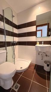 a bathroom with a toilet and a shower and a sink at Kỳma - Stone Luxury Villa in Órmos Koumaíïkon +14 photos