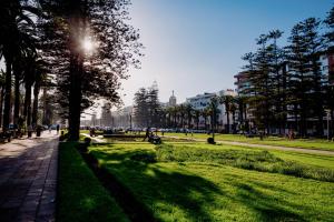 a park with green grass and trees and a sidewalk at Central Park in Mohammedia