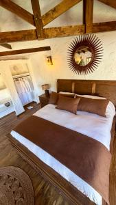 a bedroom with a large bed with a mirror on the wall at Antu Wellness cabaña de lujo en paine in Maipo +57 photos