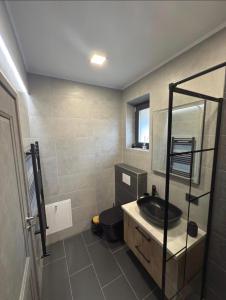 a bathroom with a sink and a mirror at LuMar Lodge Tohăniță Zarnesti in Zărneşti