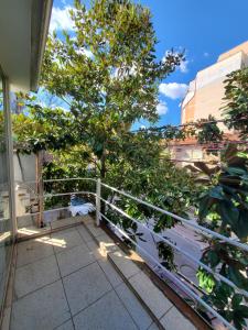 a tree on a balcony with a fence at Wander Luxe hostel in Tirana