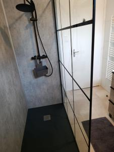 a shower in a room with a glass door at Maison bretonne 119 m2 - jardin clos - 30 min Côte Émeraude in Plénée-Jugon +13 photos