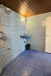 a bathroom with a sink and a tiled wall at This is it Stays - Beach View Rooms & Huts in Arambol