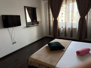 a bedroom with a bed with a television on the wall at Bella Home Residence2 in Roşu