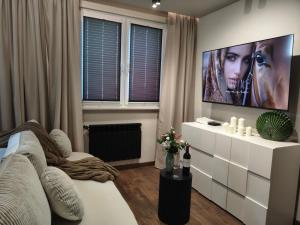 a living room with a flat screen tv on a wall at Studio 27 in Zabrze