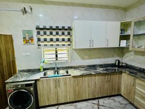 a kitchen with a sink and a washing machine at The Cape - Apartment in Bamgbose