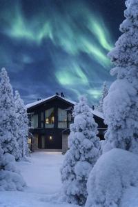 a house under the northern lights in the snow at Villa Blackreindeer in Kolari