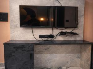 a television on a stone wall with a gun on it at Royal Milestone Resort & Hotel in Gwalior
