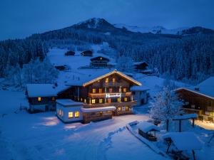 a log home in the snow at night at Hauserhof- Urlaub am Bauernhof inklusive Sommercard in Bramberg am Wildkogel