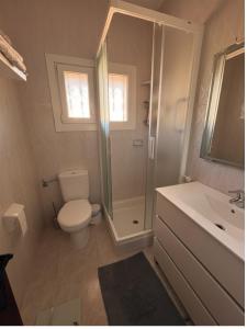 a bathroom with a toilet and a shower and a sink at Luxuriöses Chalet mit privatem Pool in Roquetas de Mar +12 photos