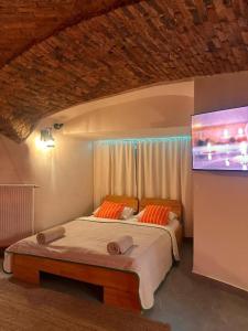 a bedroom with a bed with a tv on the wall at Celje Spa Apartment in Celje +37 photos