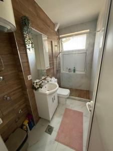 a bathroom with a sink and a toilet and a window at Moderan Studio na Trgu Republike - Centar in Podgorica