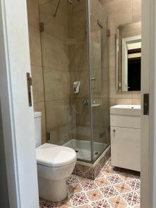 a bathroom with a shower and a toilet and a sink at Mar Mkhayel Studios in Beirut +131 photos