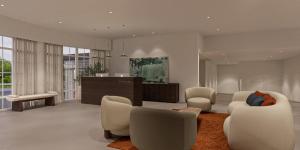 a large living room with white furniture and windows at Hotel La Palloza in Lugo