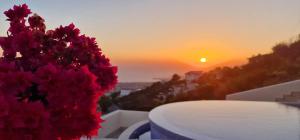 a bunch of pink flowers sitting on top of a building at Breathtaking Panoramic Villa Sea View Infinity Pool in Tala +24 photos