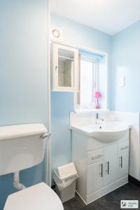 a bathroom with a white sink and a toilet at Birchenfield Holiday Cottages in Dilhorne +92 photos