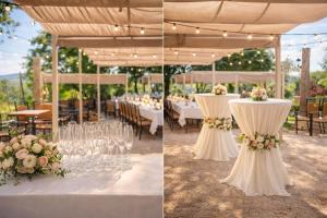 a table set up for a wedding with flowers and wine glasses at Hôtel restaurant Clos des Sullys in Montclus +103 photos