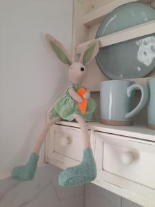 a stuffed bunny holding a carrot in a kitchen cabinet at Cozy Zdrój in Lądek-Zdrój
