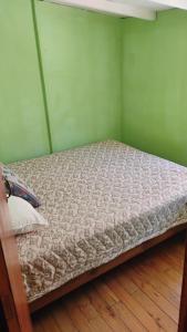 a small bed in a room with green walls at Cabaña La Perla in Isla Negra