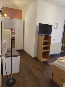 a small living room with a television and a couch at Rohrbacher Hof in Berg bei Rohrbach
