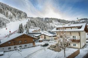 a ski resort with snow covered buildings and a mountain at Pivan Apartments in Selva di Val Gardena