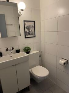 a white bathroom with a toilet and a sink at 4P Apartment in Andermatt