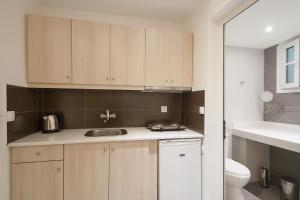 a small kitchen with wooden cabinets and a sink at Villa ALEXIS in Koukounaries +15 photos