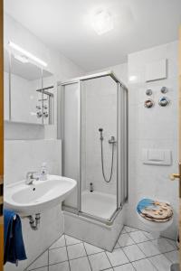 a bathroom with a shower and a sink and a toilet at Top Unterkunft direkt vor Leipzig in Schkeuditz +14 photos