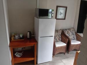 a white refrigerator with a microwave on top of it at Hermanus 13 on 2nd Guest Rooms in Hermanus