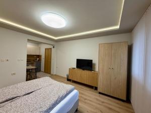 a bedroom with a bed and a flat screen tv at Boutique Rooms Desi 1 in Pleven