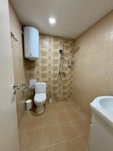 a bathroom with a toilet and a shower and a sink at Boutique Rooms Desi 1 in Pleven