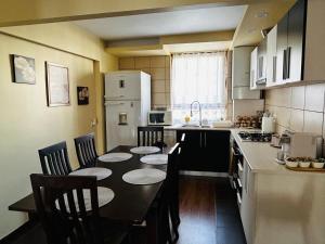 a kitchen with a table and chairs and a kitchen with a counter at IANIS Apartment in Orăştie