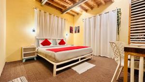a bedroom with a bed with red pillows at Piti khangpa in Kaza