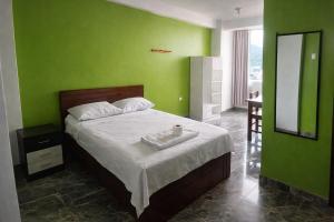 a bedroom with a bed with a green wall at HOSPEDAJE EL CANTARO II in Tingo María