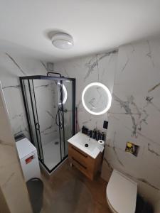 a bathroom with a shower and a toilet and a sink at Apartament WLK HOUSE in Gdynia