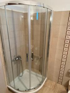 a shower with a glass door in a bathroom at Evzin Hotel in Kato Loutraki
