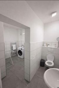 a bathroom with a toilet and a washing machine at Monteurzimmer Saarland in Merchweiler