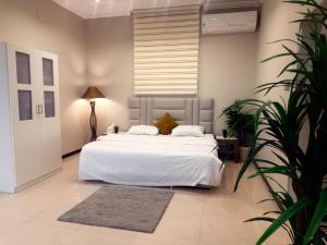 a bedroom with a white bed and a plant at شاليه قطر الندى - الطائف in Taif +39 photos