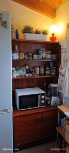 a microwave sitting on a counter in a kitchen at Rizaki Cottage in Nafpaktos in Nafpaktos
