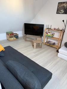 a living room with a couch and a flat screen tv at Ubytování U Rozárky in Trpnouze